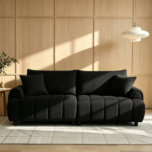 Bexley black sherpa boucle three seater sofa with a channelled deep seat and round arms