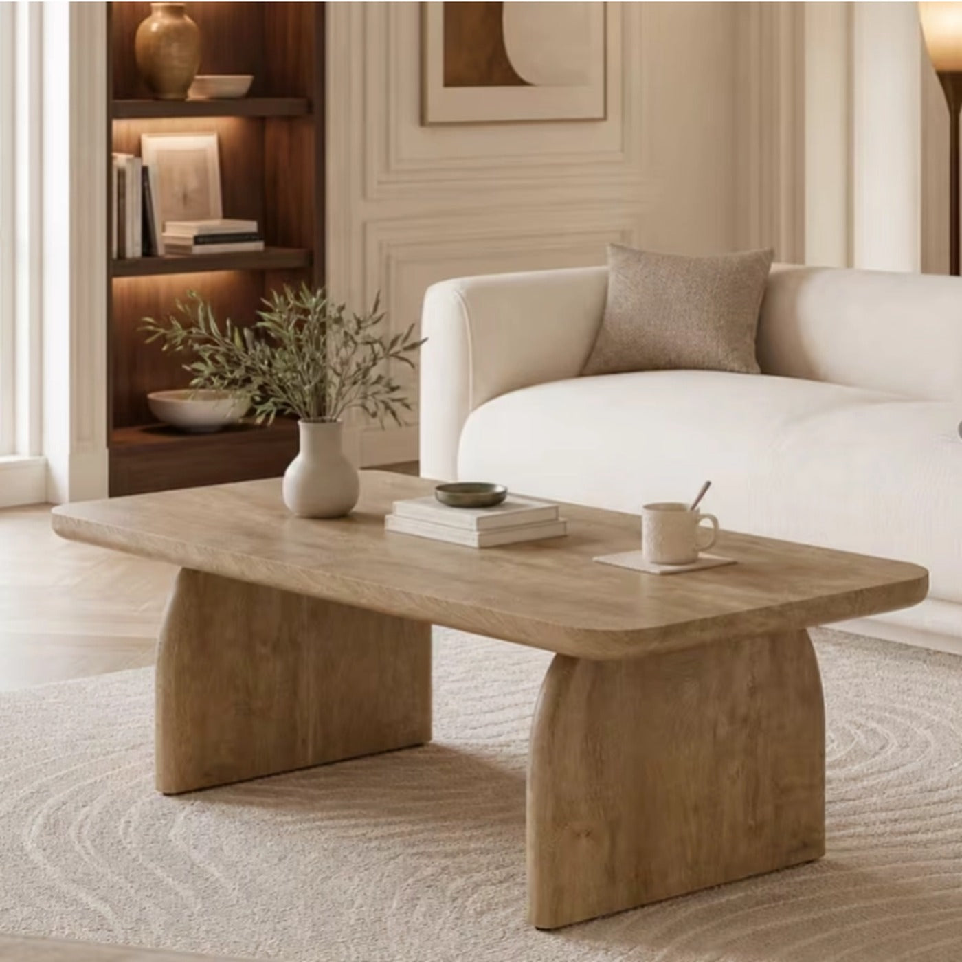 Wexford brown farmhouse coffee table with rounded corners and two pedestal legs in a bright living room