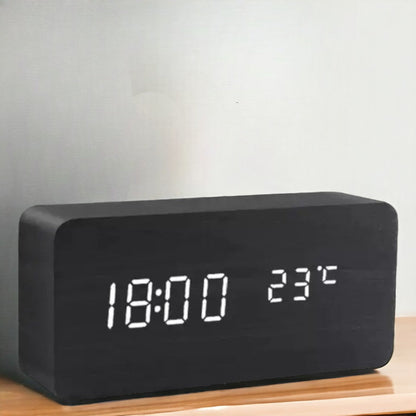 Wooden LED Alarm Clock - Voice Control, Temperature, Bedside Clock